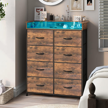 Tall with Charge Station 8 Drawers with LED Lights Chest Organizer Units Entryway Closets Sturdy Steel Frame Wood Top