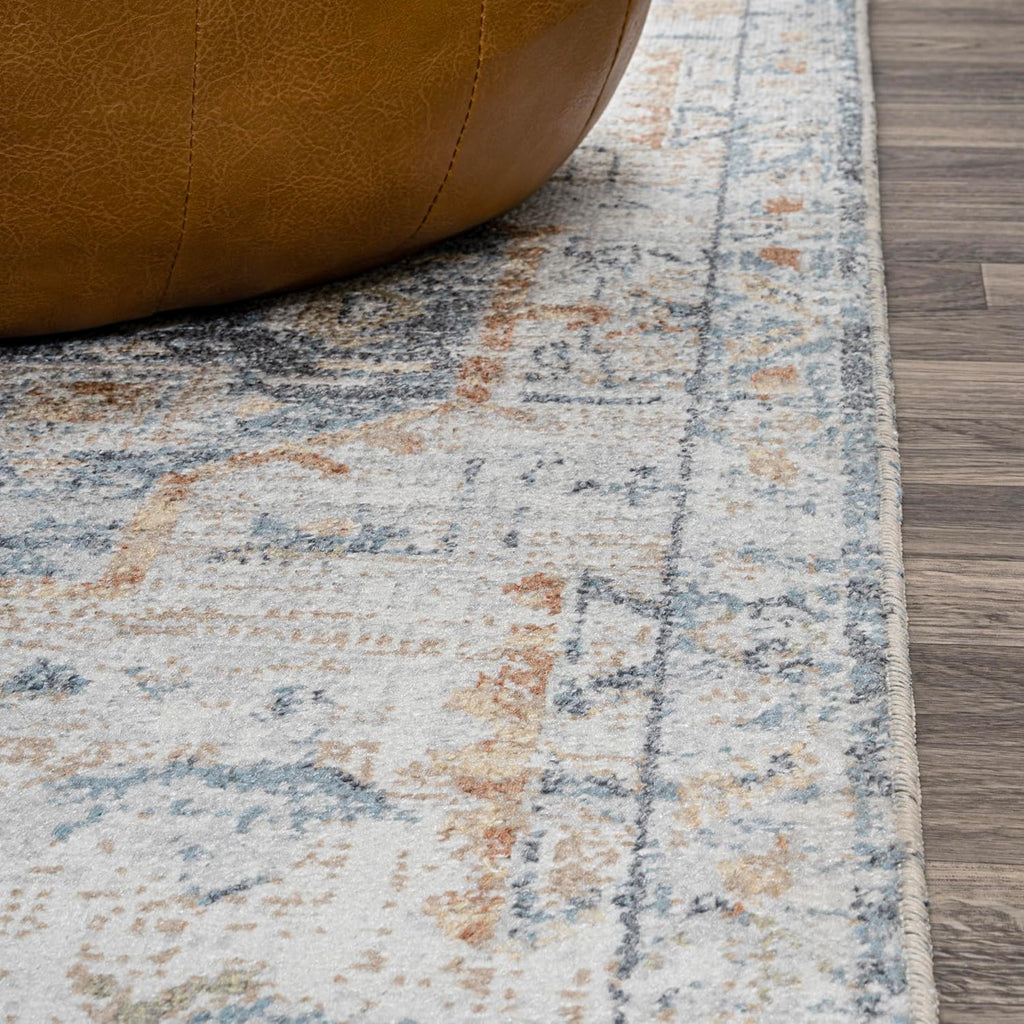 Machine Washable Indoor Area Rug Cream/Blue/Terra, Shaemus Bohemian Medallion Low-Pile, Easy-Cleaning