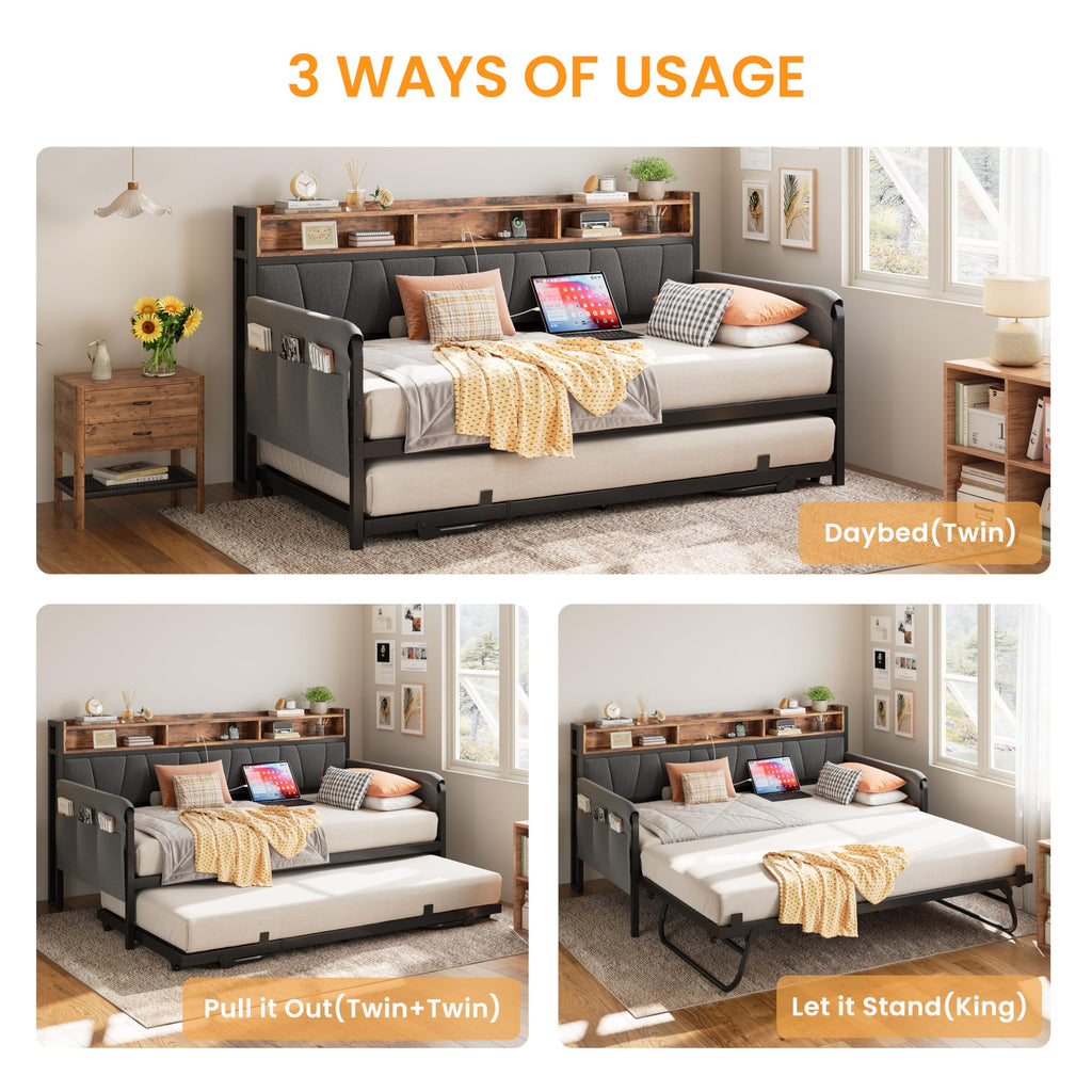 Daybed with Trundle, Storage Headboard and Charging Station, Black