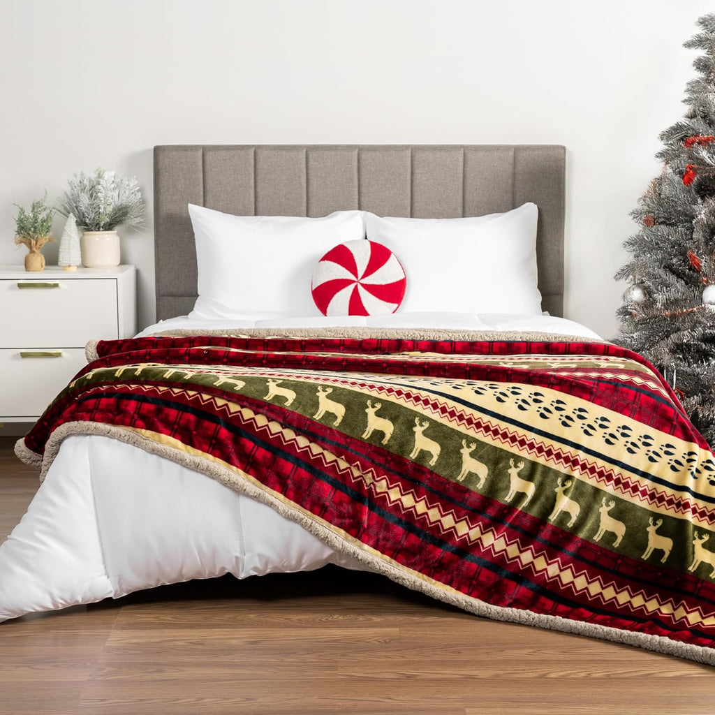 Premium Christmas Sherpa Throw Blanket, Green Red Cabin Design with Reindeer Print, Ultra Soft Reversible Fleece &