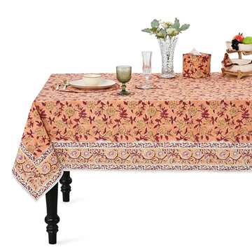 Apricot Rosette Vine Block Print Rectangle Tablecloth 52x70 Inch