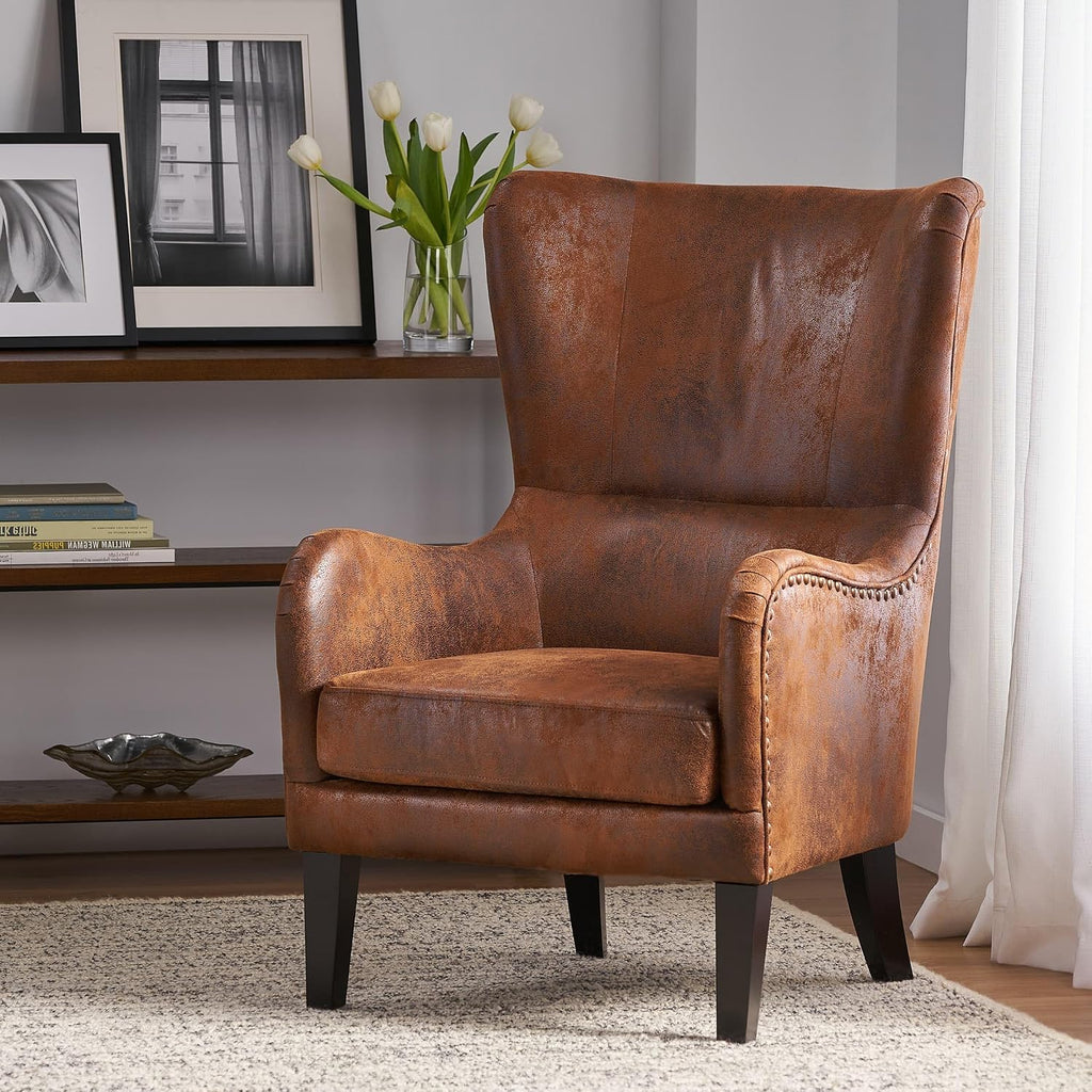 Mid-Century Modern Accent Chairs, 27" Wide Wingback Club Chair with Nailhead Trim, Fabric Reading Living Room Side