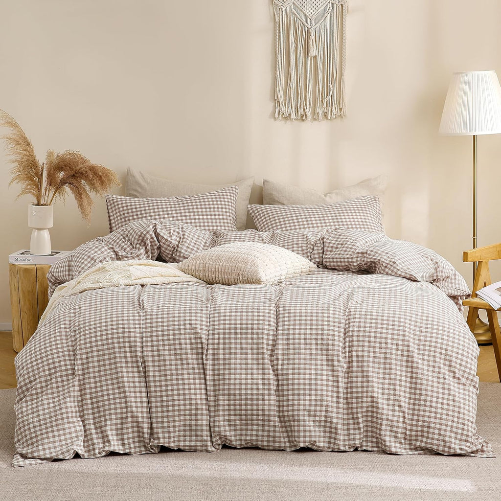Tan Gingham Duvet Cover Bedding Set 100% Washed Cotton Like Linen Feel Super Soft Comfy 3 Piece Brown Vintage Plaid