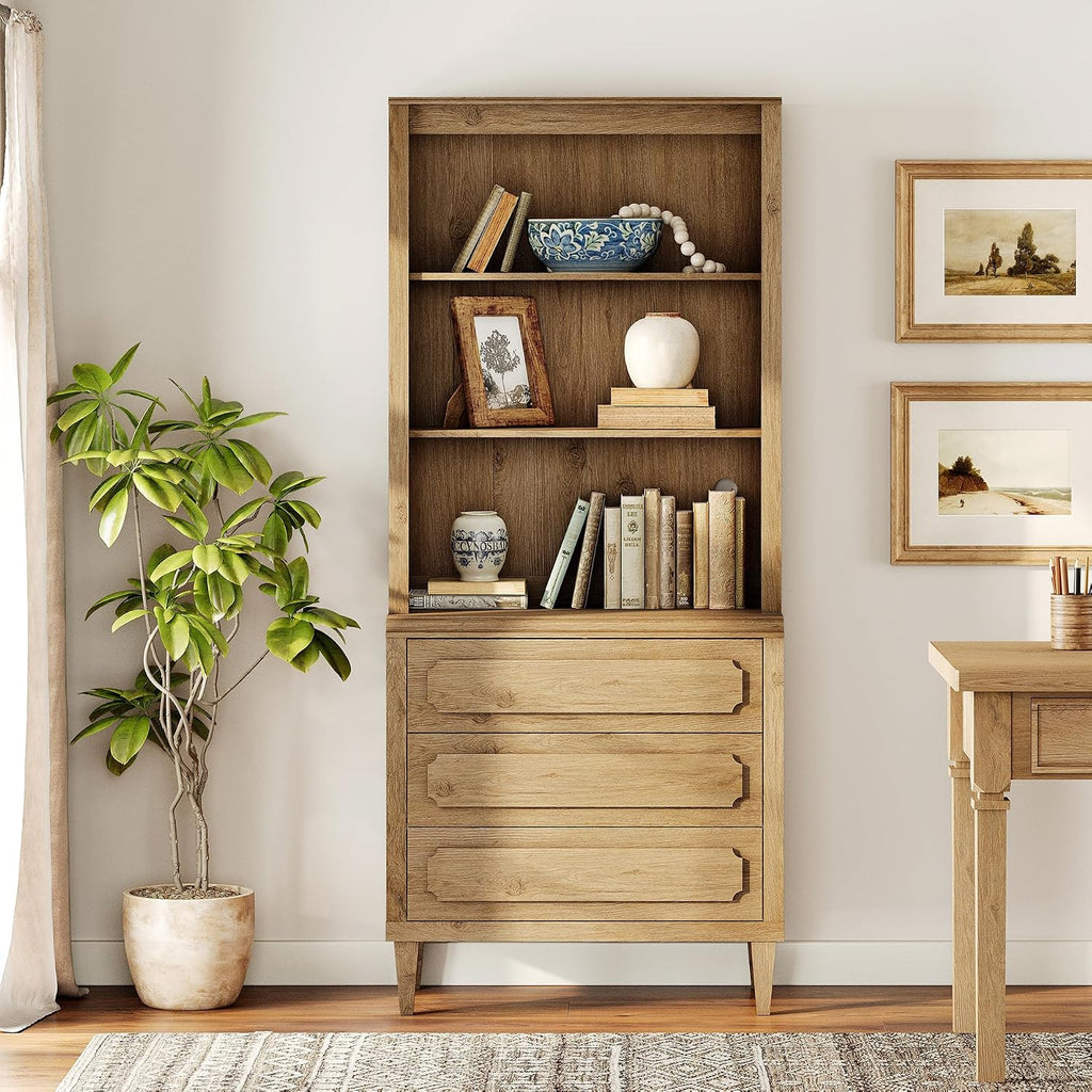 72.8" Tall Bookshelf with Drawers, 5 Tier Large Bookcase, Oak | Mid Century Modern Wood Book Shelf with Storage