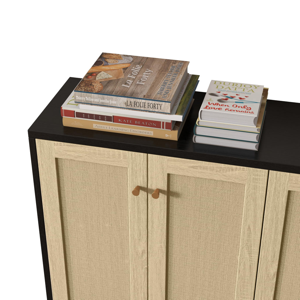 Sideboard Accent Storage Cabinet with Rattan Decorated 4 Doors Dining Room Freestanding Kitchen Buffet Table Cupboard