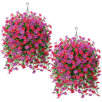 2 Set Artificial Hanging Flowers Plants Basket for Outdoors with Fake Daisy