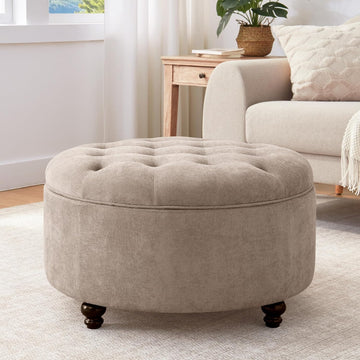 30-Inch Round Storage Ottoman, Button Tufted Coffee Table(Brown) | Ottoman Coffee Table with Removable Top