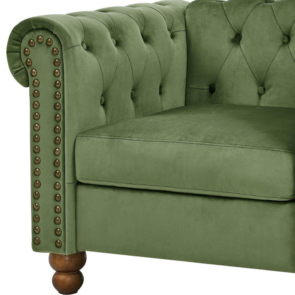 80.3" Green Velvet Chesterfield Sofa with Nailhead Trim, 3-Seater Couch