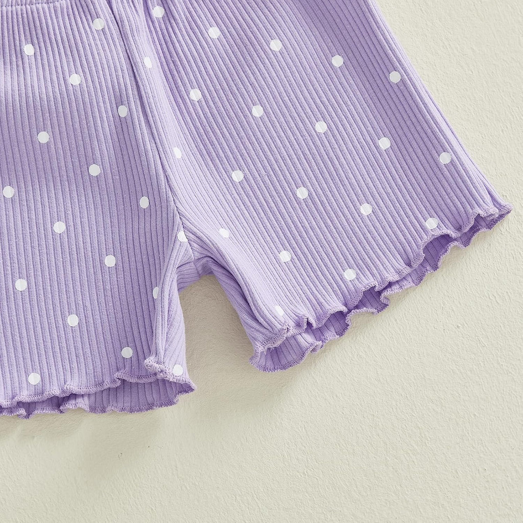 Toddler Baby Girl Summer Outfits Polka Dot Print Ribbed Knit Short Sleeves T-Shirt Tops + Shorts 2Pcs Clothes Set