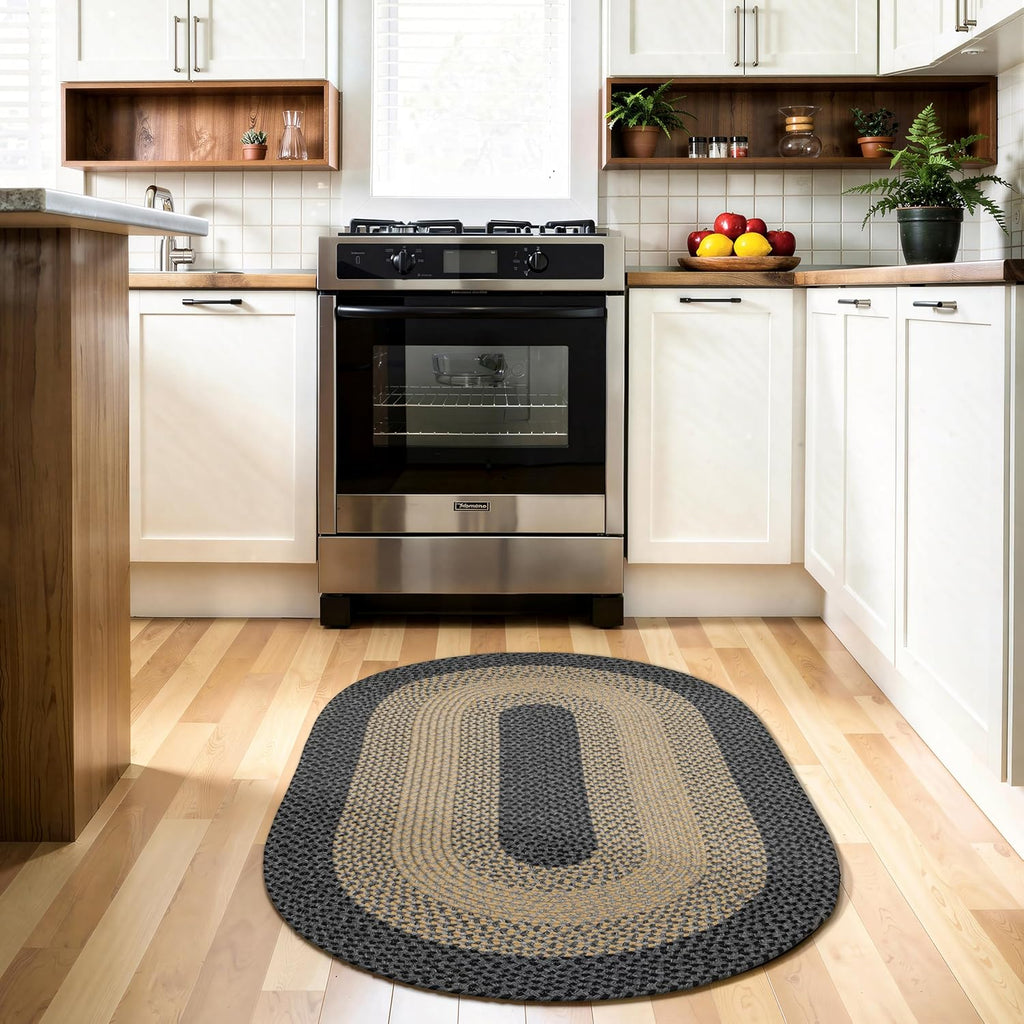 3x5 Oval Braided Area Rug, Brown Black Farmhouse Kitchen Mat | Anti-Slip PP Country Rope Rug, Entryway Porch Deck