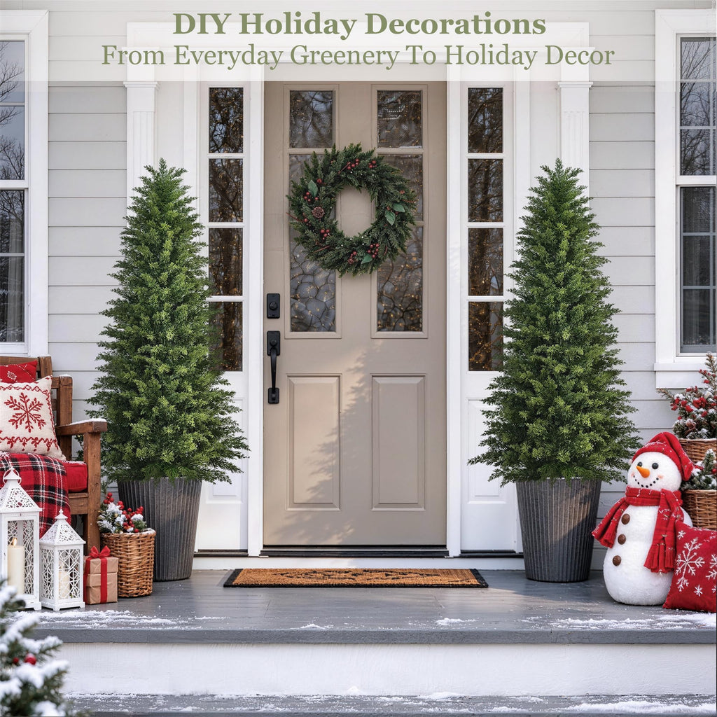 5ft Artificial Cedar Topiary Tree, Set of 1 Realistic Faux Evergreen Shrub Plant in Planter, Indoor Outdoor Fake