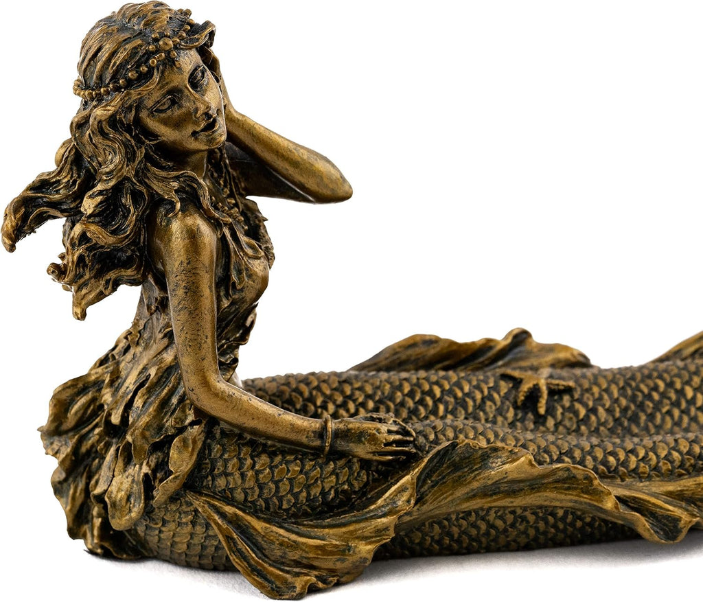 Beach Mermaid Incense Holder Statue - Hand Painted Beautiful Mythical Creature with Bronze Antique Finish Look