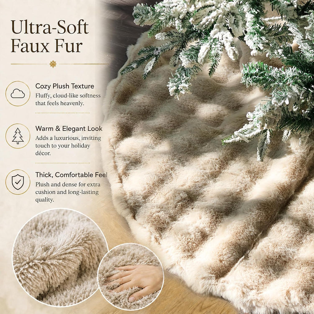 Christmas Tree Skirt 48 Inch, Light Khaki Faux Fur Christmas Tree Skirts Decorations, Rustic Neutral Soft Plush Xmas