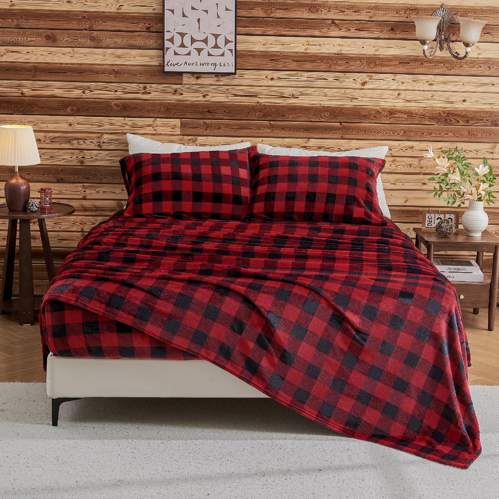 Plaid Flannel Sheet Set, Full Size, Red and Black, 4 Pieces