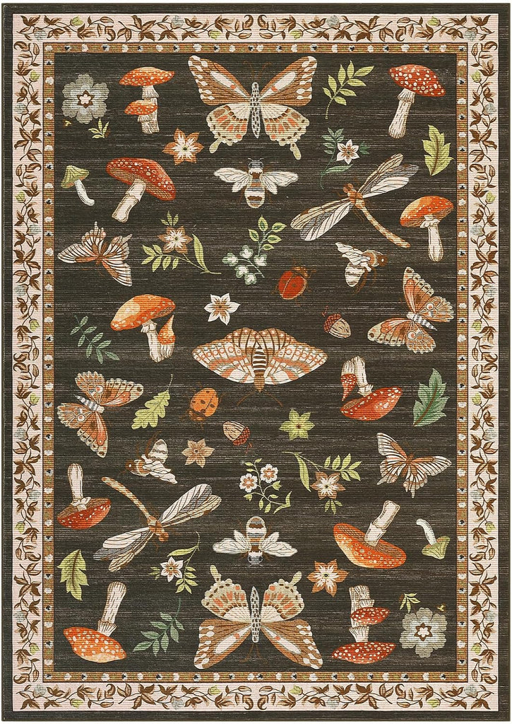 Mushroom Washable Rug 5x7 Area Rugs for Living Room, Insect Print Rug for Bedroom, Non Slip Throw Carpet with Rubber