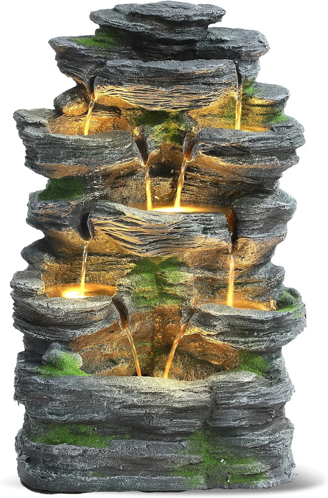 Outdoor 7-Tiers Cascading Rock Water Fountain, Waterfall Fountain with 6 LED Lights, Outdoor Fountains and Waterfalls
