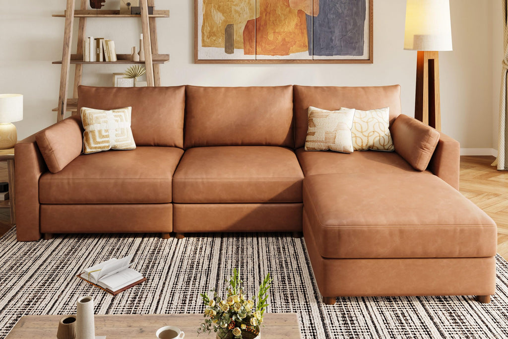 Faux Leather Modular Sectional Sofa Wide L Shaped Couches Brown