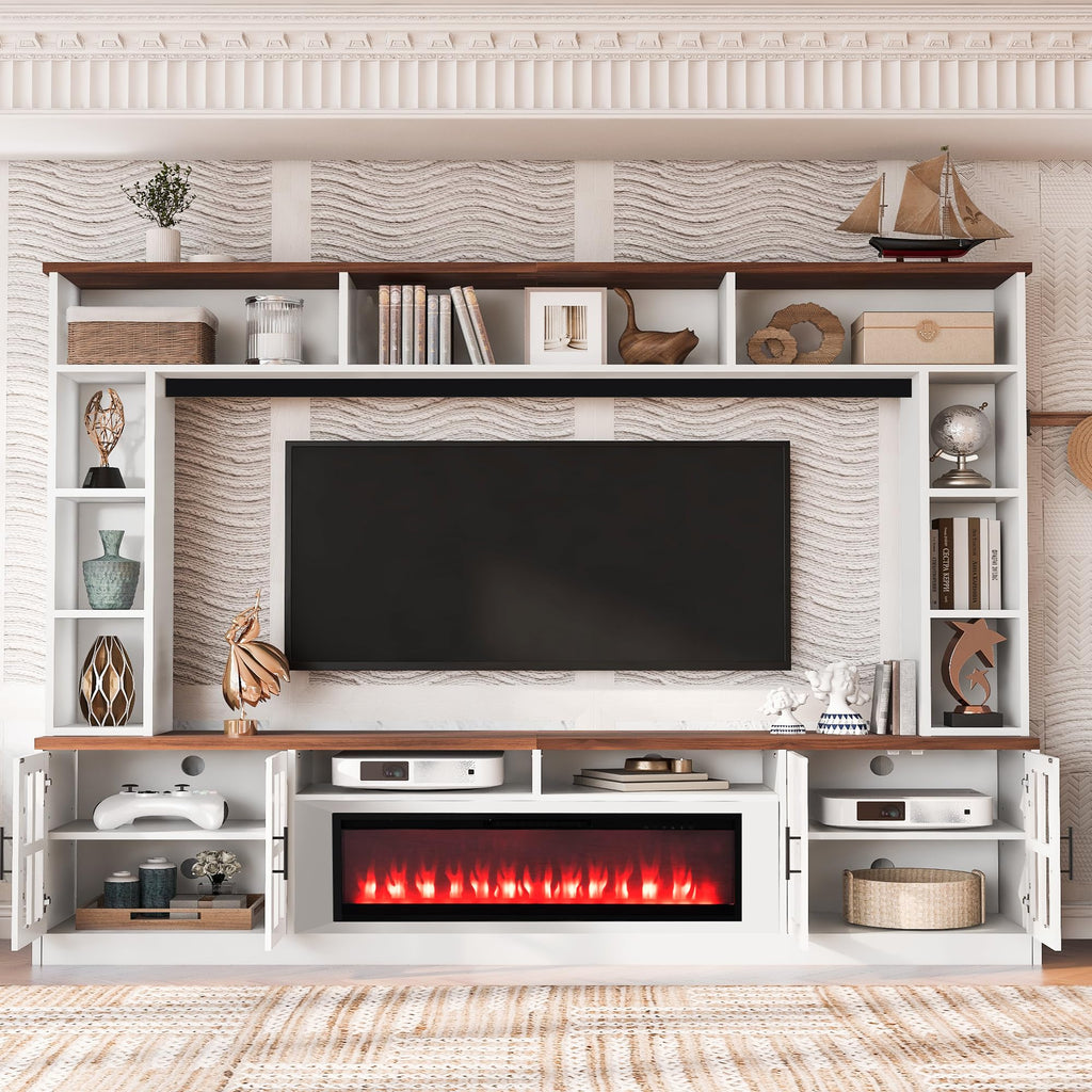 White Farmhouse TV Stand with Fireplace, Large Entertainment Center with Bookshelves, Glass Doors & Adjustable
