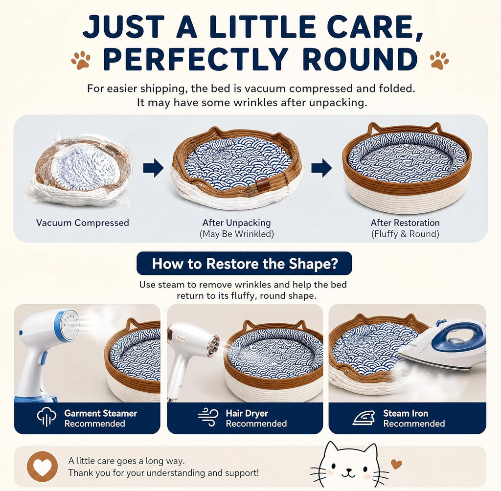 Large Handwoven Cat Basket Bed, Cotton Rope Woven Cat Beds for Indoor Cats
