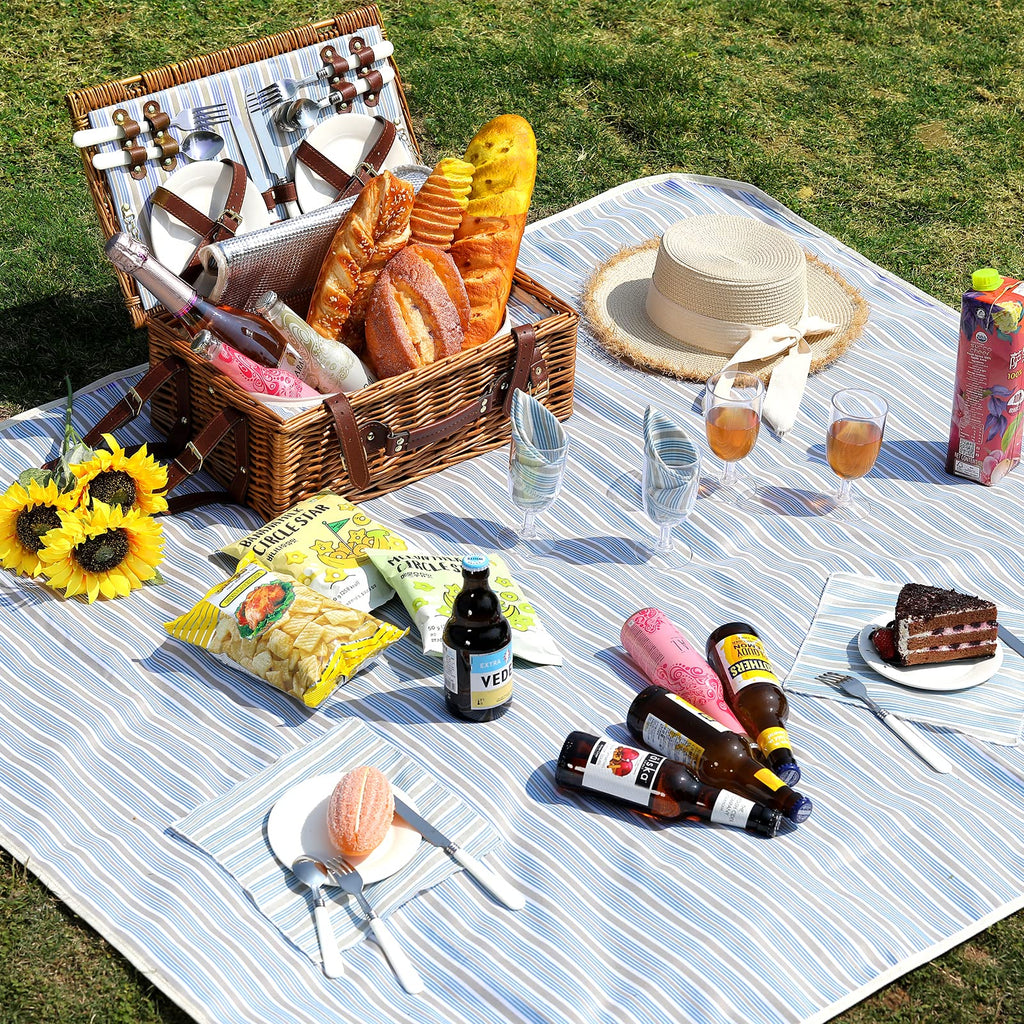 Wicker Picnic Basket for 4 with Waterproof Blanket Blue Stripes