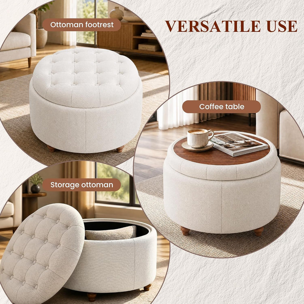 25" Round Ottoman with Storage, Small Coffee Table with Reversible Tray Lid | Tufted Fabric Round Storage Ottoman