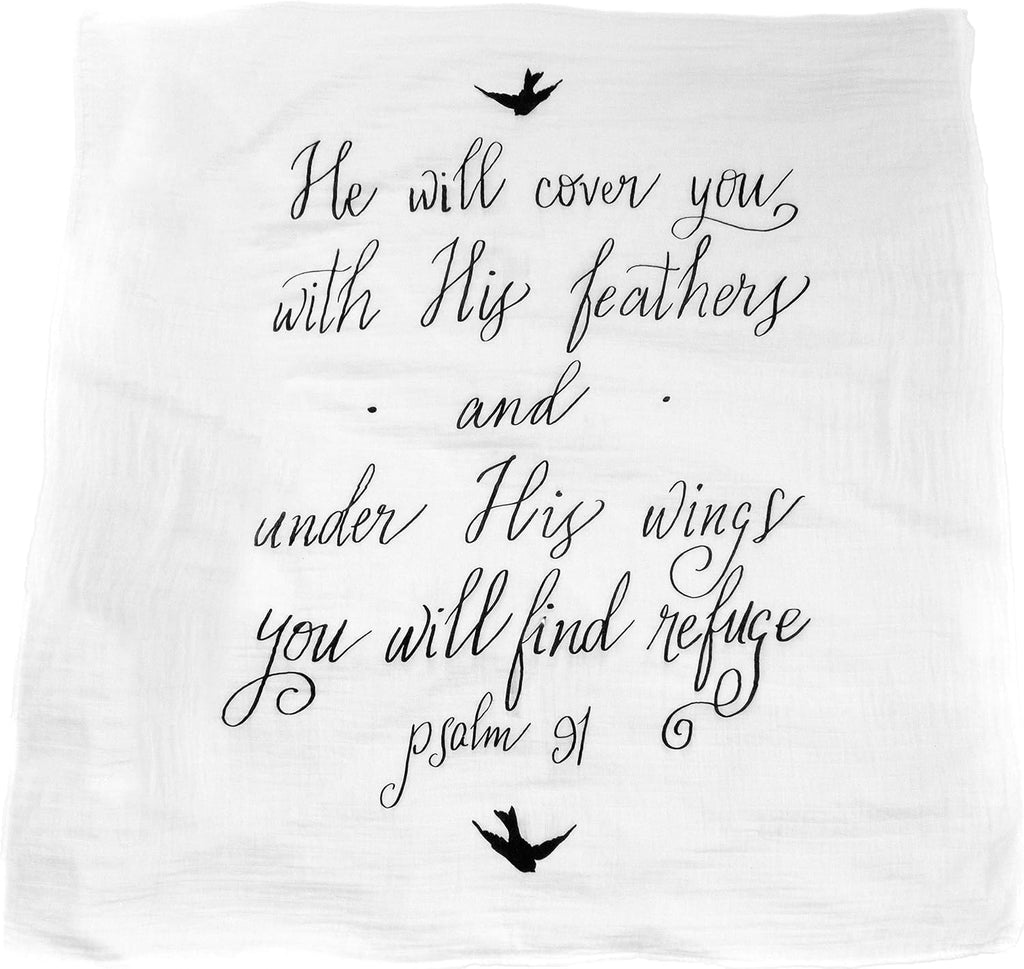 Muslin Swaddle & Bonus Baby Hat with Scripture Quote (Psalm 91) - 100% Organic Unbleached Cotton - Swaddle/Blanket is