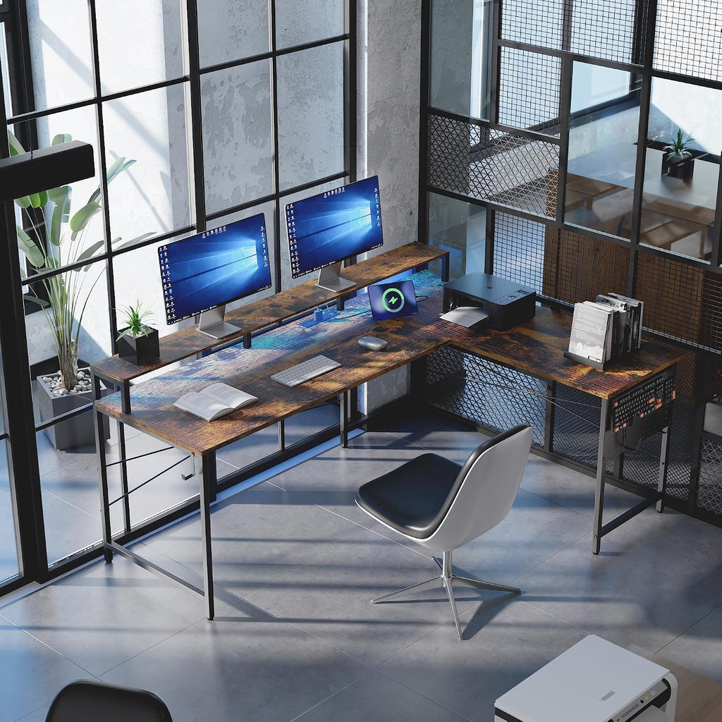 64 Inch L Shaped Gaming Desk with Monitor Stand and Power Outlets | Large Corner Computer Desk With Pegboard & Led