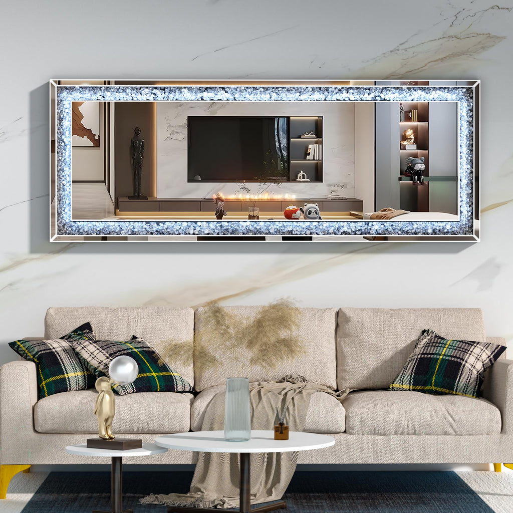 65"×22" LED Full-Length Mirror Crystal Crush Diamond, Wall Mounted Diamond Mirror Leaning Bedroom Dimming & 3 Color