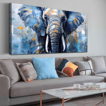 Elephant Wall Art, Animal Canvas Print Painting, Blue Picture Decor, Size 59 x 29 Inches