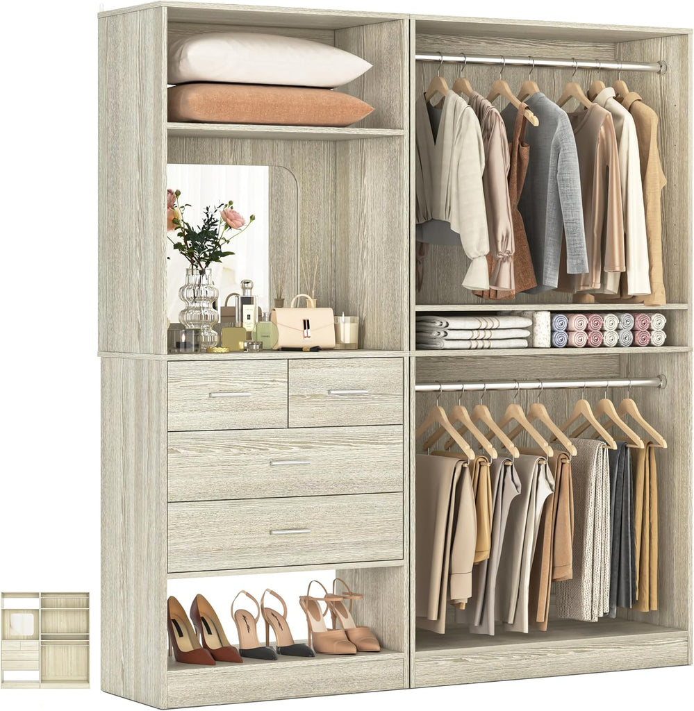 61" Closet System, Heavy Duty Wood Closet Organizer with 2 Hanging Rods, Walk-in Wardrobe Garment Rack with