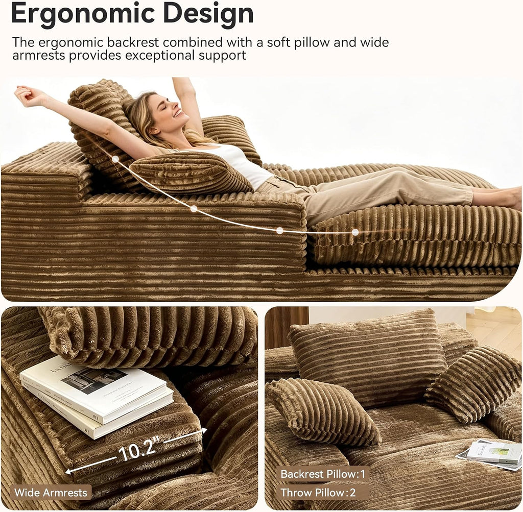 67" Oversized Boneless Chaise Lounge Chair Indoor, Brown | Corduroy Upholstered Sleeper Sofa Bed Deep Seat Reading