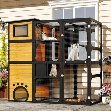 Large Outdoor Wooden Catio Enclosure for 6-10 Cats, Weatherproof PC Roof Cat Cage with 6 Platforms, Climbing Ramp