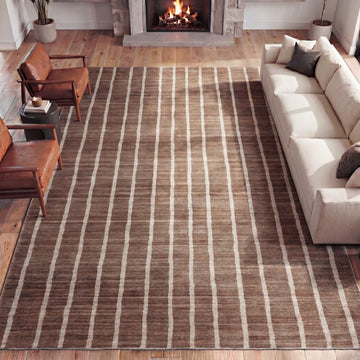 Washable Orton Distressed Ticking Stripe Machine-Washable Polyester Area Rug, Brown and Cream, Farmhouse