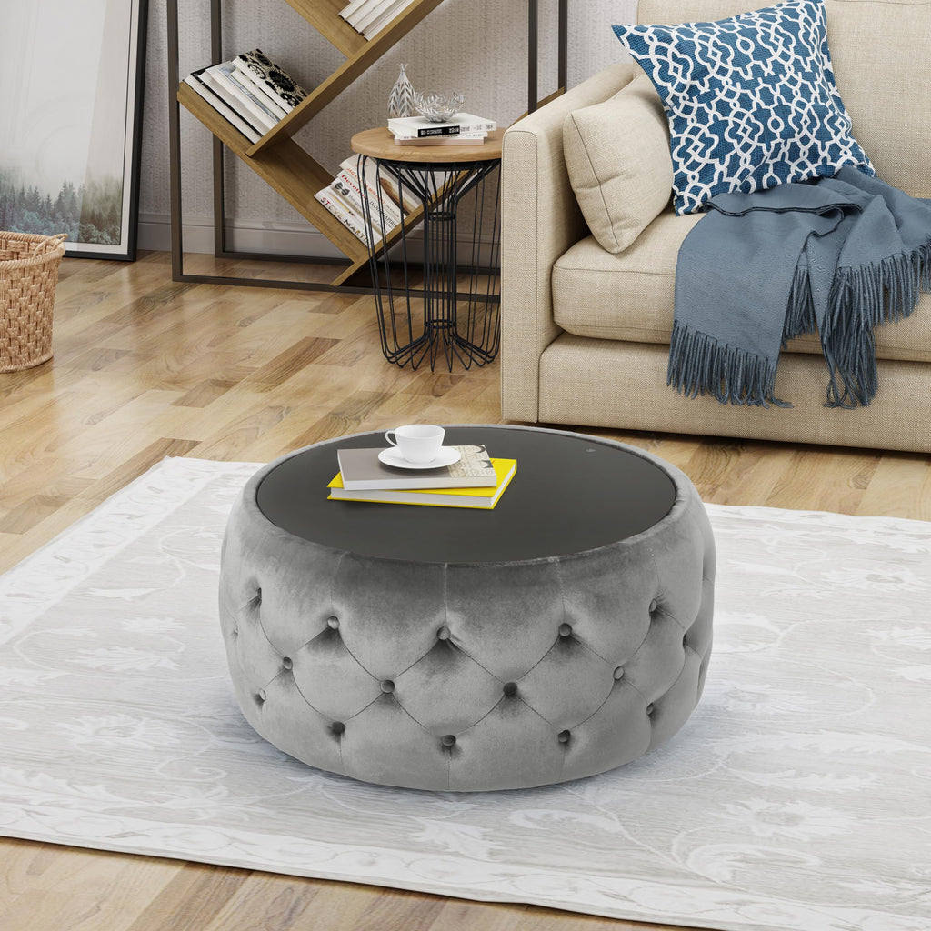 30" Round Velvet Ottoman Coffee Table, Button Tufted Coffee Table with Tempered Glass Top Modern Upholstered Tufted