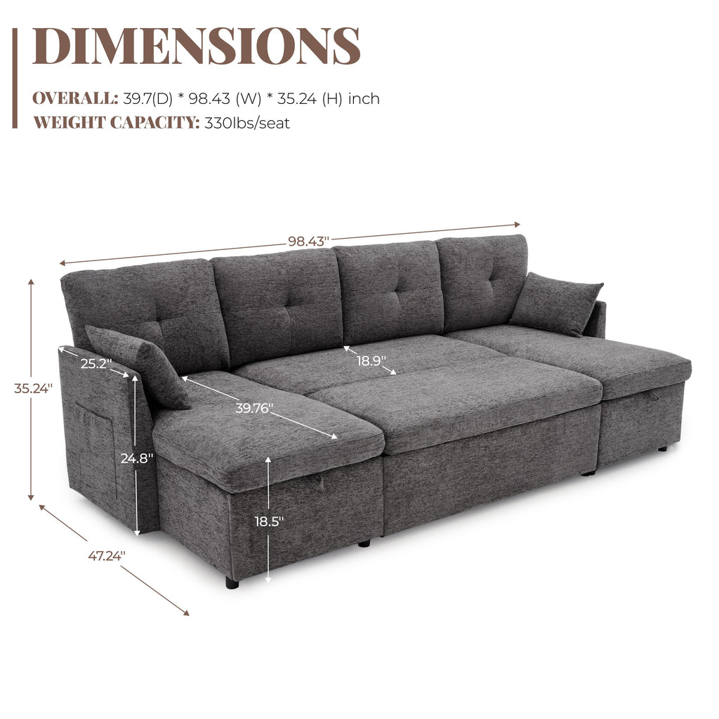 100" Sleeper Sofa Couch, Sectional Sofa Bed, Dark Grey