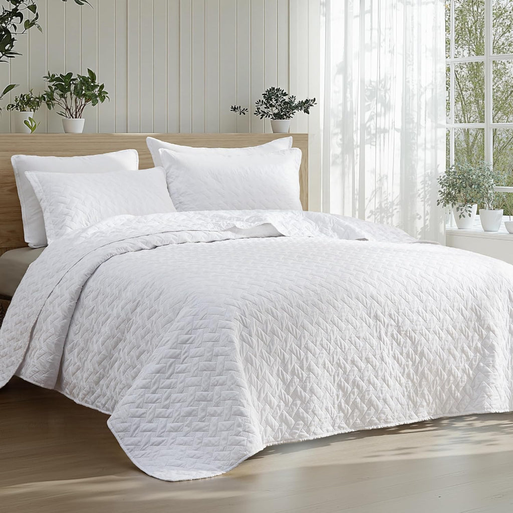 Quilts Queen - Lightweight Bedspreads Queen with Basket Weave Pattern, Soft Quilt Bedding Set, White Comforter Set
