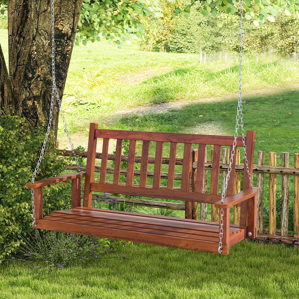 2-Person Wooden Outdoor Porch Swing, Heavy Duty Patio Hanging Bench Chair with 500 LBS Weight Capacity, 5.6 FT