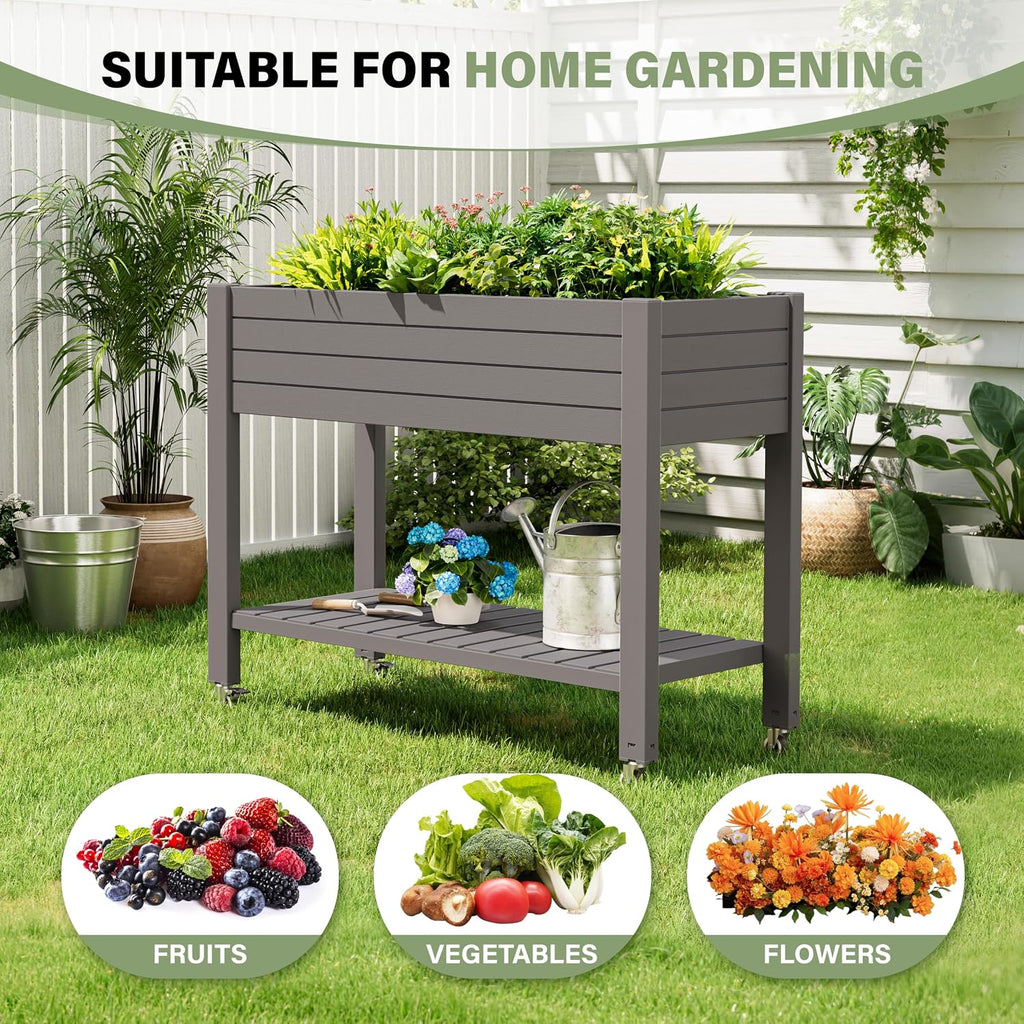 33.7" Tall Raised Garden Bed with Wheels, Divisible Plastic Planter Box with Drainage Gauge & Storage Shelf, Herb