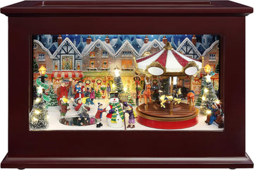 Heirloom Animated Glass and Wood Christmas Music Box, Holiday Décor, Plays 35 Songs, Brown