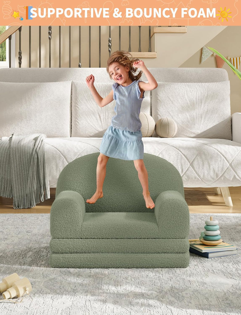 In-1 Convertible Kids Sofa Chair, Fold Out Toddler Couch for Reading and Napping, High-Density Foam Sherpa Toddler