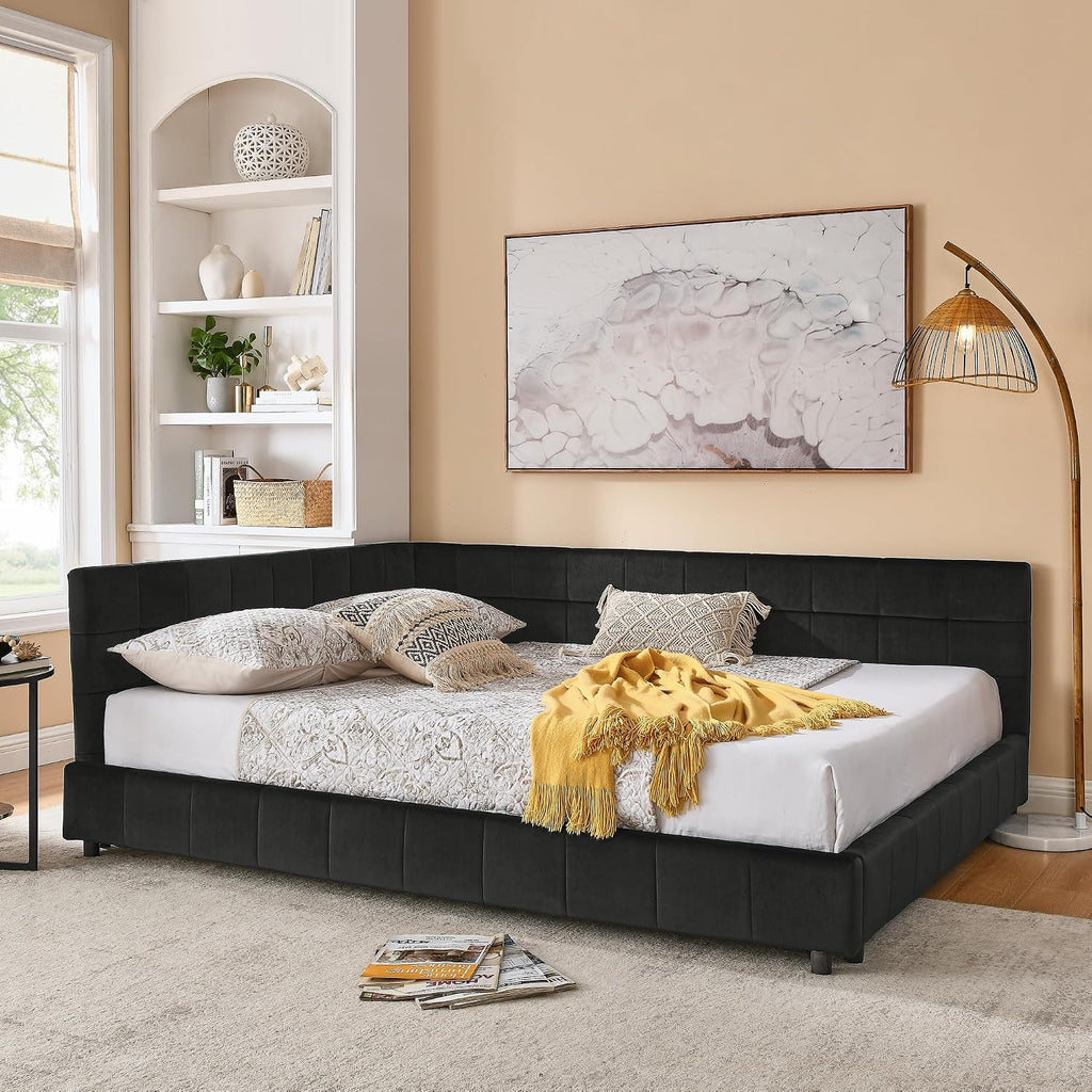 Queen Size Daybed, Velevet Upholstered Day Bed Frame with Tufted Backrest and Armrests,Solid Wood Slat Support,No Box