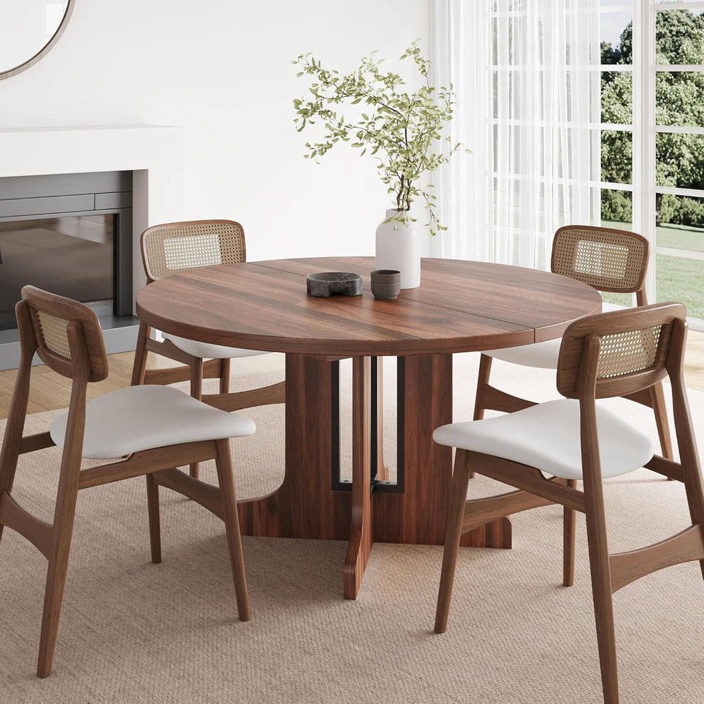 59" Round Extendable Dining Room Table for 4-6, Modern Oval Kitchen Table with Heavy Duty Wood Base, Metal Frame