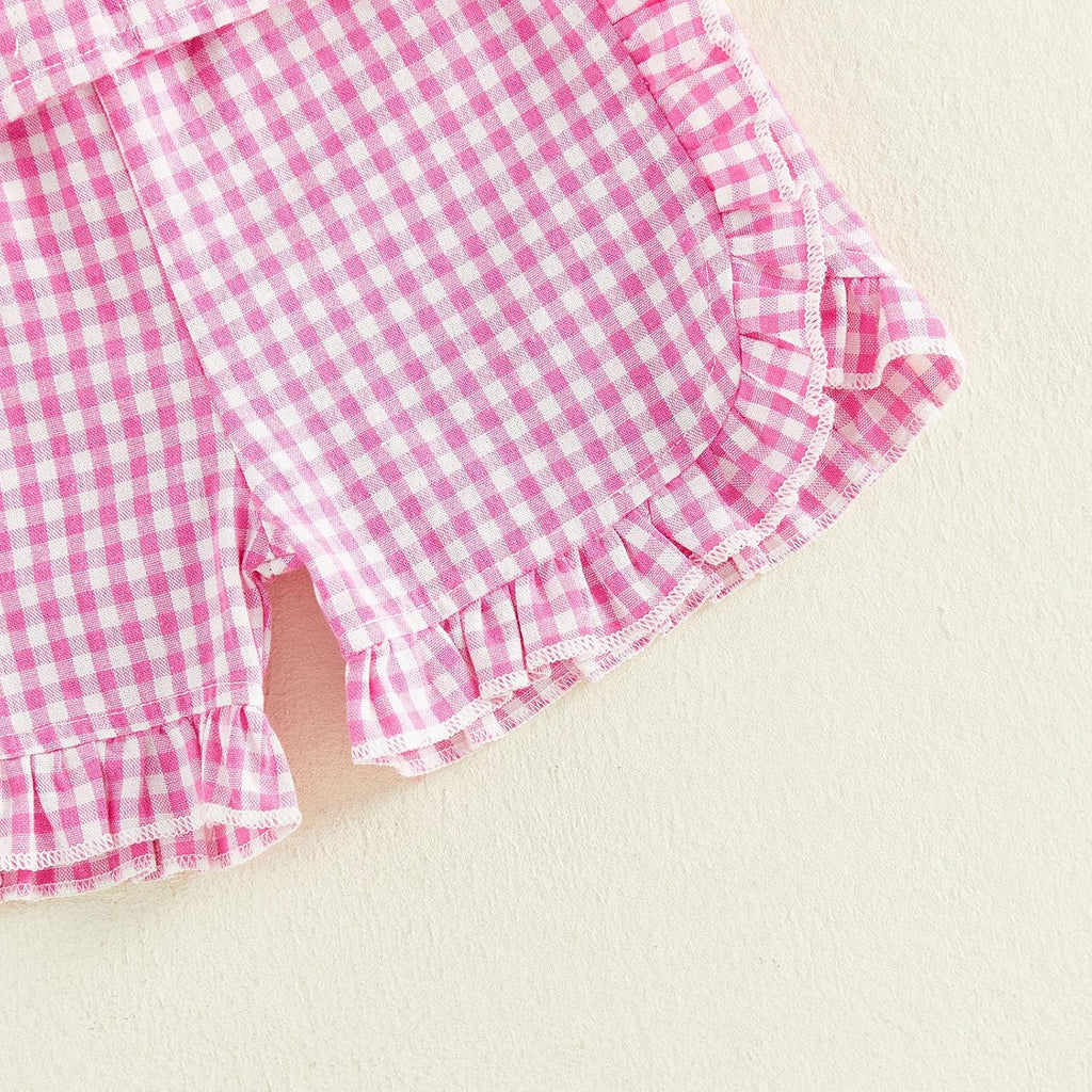 Toddler Baby Girl Summer Outfit Peter Pan Collar Sleeveless Vest Tank Top Ruffles Gingham Shorts Set Summer Clothes