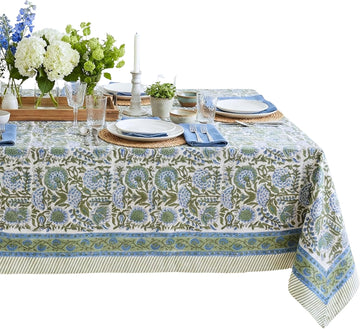 Clover Blue 100% Cotton Rectangle Fall Tablecloth, Handblock Floral Linen Table Cloth Dining Table I