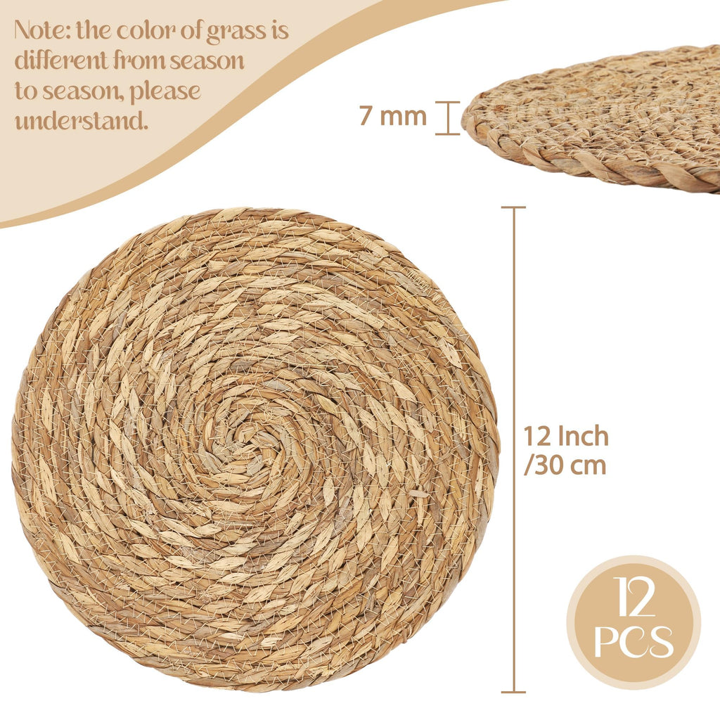 12 Pcs 12'' Round Bulrush Placemats, Natural Hand Woven Table Mats