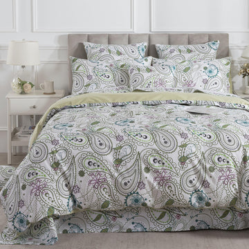 100% Cotton Duvet Cover Set 3 Pieces Sage Green Paisley Bedding, Modern Botanical Floral Paisley Comforter
