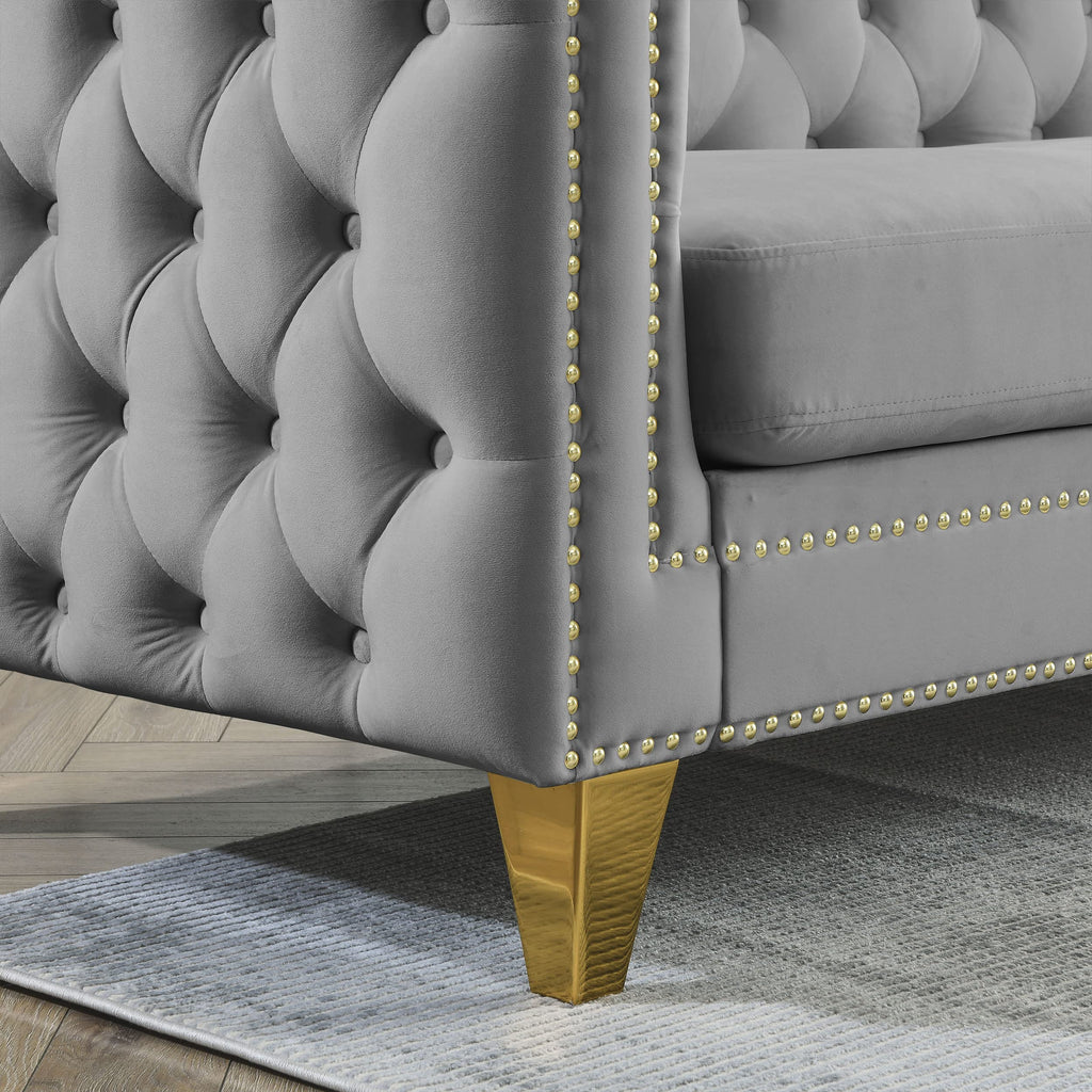 82.2" Tufted Velvet Corner Sofa, 5 Seat L-Shaped Sectional Couch, Buttons Tufted Square Arm Couch Apartment, Gray
