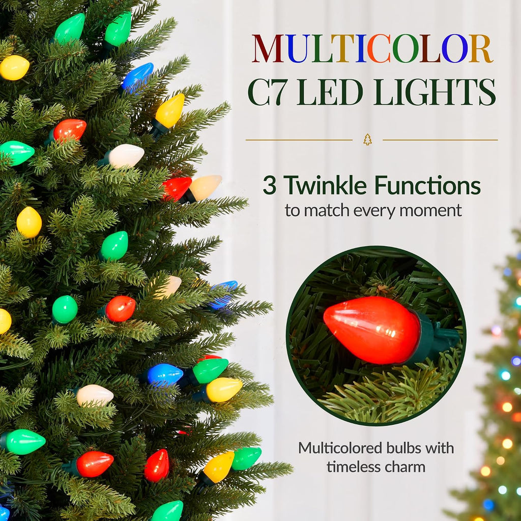 4.5ft Prelit Potted Pencil Christmas Tree w/ C7 LED Lights, Realistic Nostalgic Artificial Lighted Retro Holiday