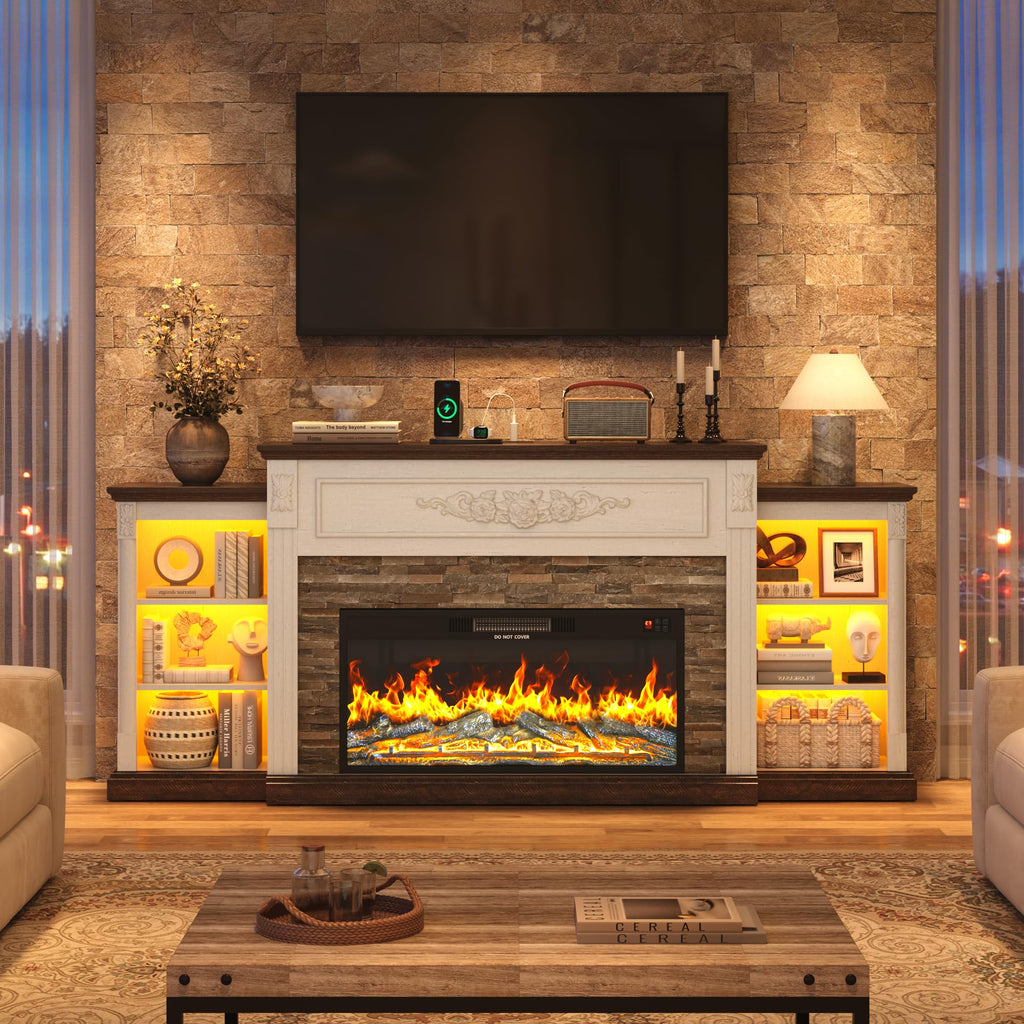 Farmhouse Fireplace with Mantel, 85" W 37.6" H TV Stand for 95" TV, White
