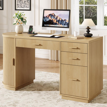 58 Inch Fluted Executive Desk, Computer Desk with Storage Drawers & File Drawer, Modern Home Office Desk with
